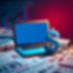 A laptop with a dollar sign next to it, symbolizing financial implications, surrounded by news articles and headlines.