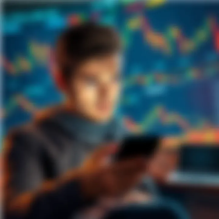A man looking at his phone with a worried expression, surrounded by cryptocurrency charts, hinting at secret financial activities.
