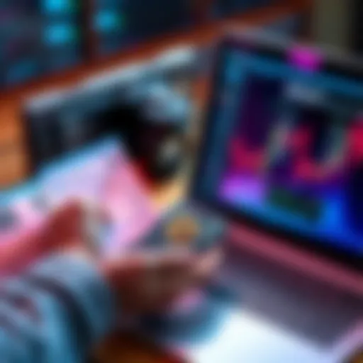 A person holding a hardware wallet while examining identification documents and a laptop displaying a cryptocurrency exchange