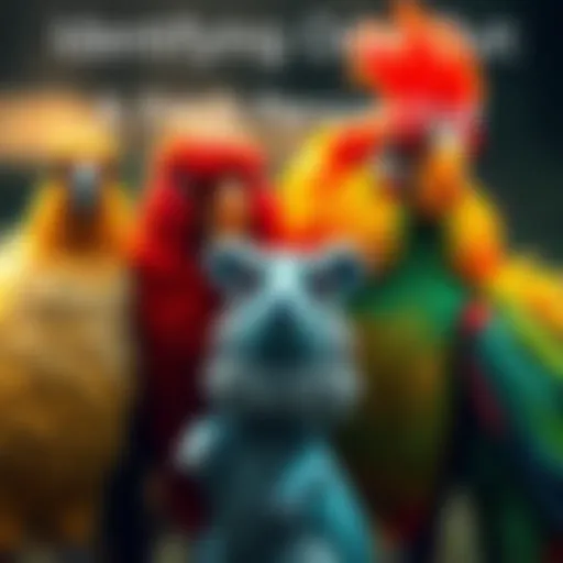 A group of colorful animals with one distinctively different creature standing apart.