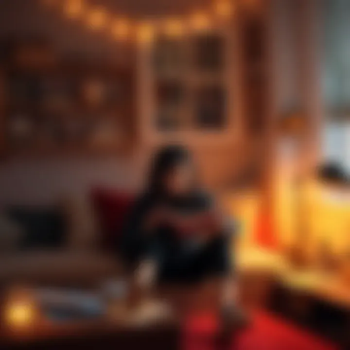 A person sitting in a cozy room, journaling about their imaginary girlfriend while surrounded by soft lighting and personal items, reflecting on relationships.