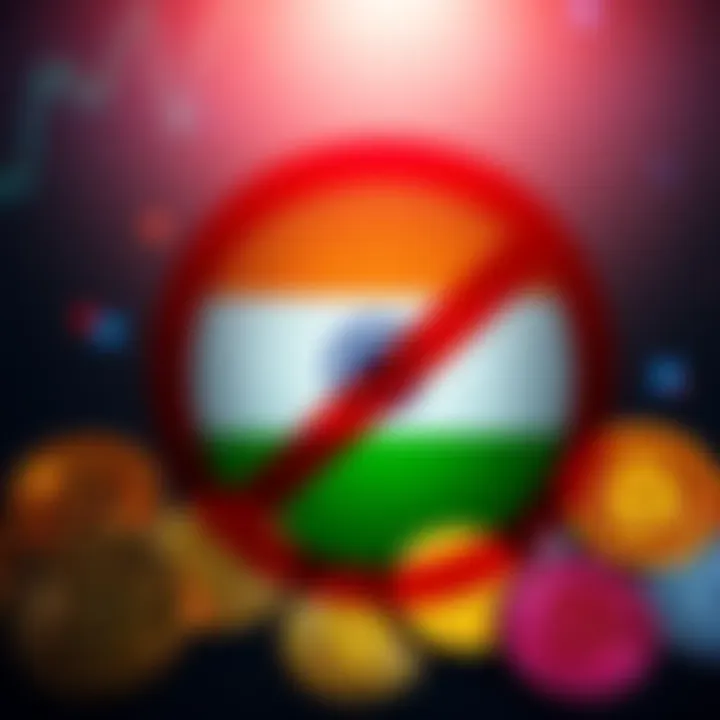 A graphic showing the emblem of India's central bank with a red prohibition sign over various cryptocurrency symbols