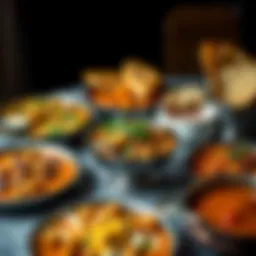 A variety of Indian dishes including curry, biryani, and naan on a table