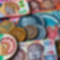 A display of various currency featuring Indigenous figures and symbols, highlighting cultural heritage in coinage and notes.