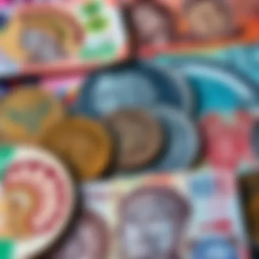 A display of various currency featuring Indigenous figures and symbols, highlighting cultural heritage in coinage and notes.