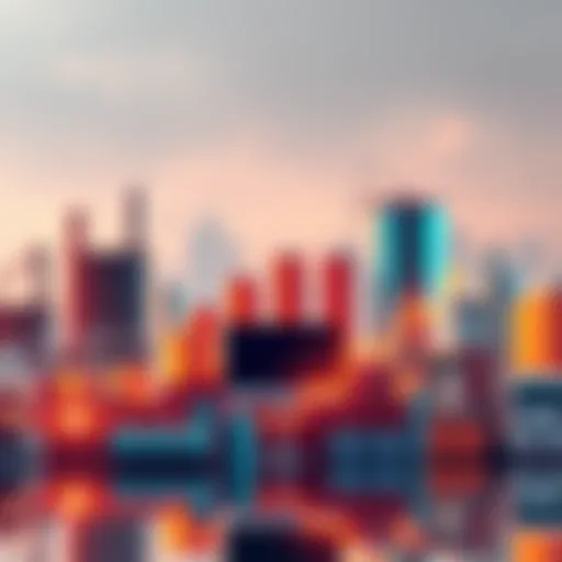 A graphic showing various industry icons like factories, computers, and charts with a downward trend to represent stagnation.