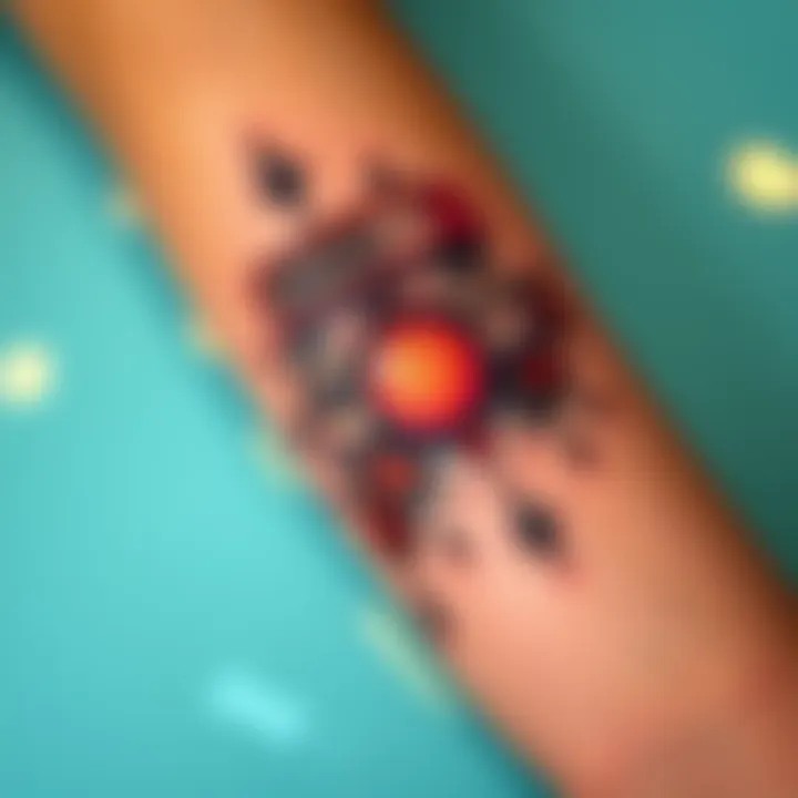 A tattoo design featuring elements from the song Infinite Baths, blending gaming and music aesthetics, created by Michał Szczechowski in Doncaster.