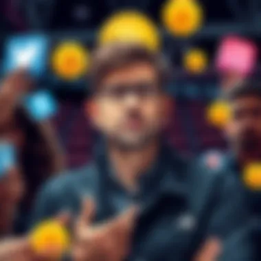 A well-known influencer expressing skepticism about Bitcoin in a public setting, surrounded by social media icons and cryptocurrency symbols.