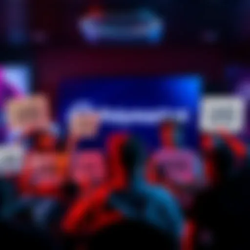 A group of influencers holding signs claiming fake wins in front of a computer screen displaying Polymarket logo