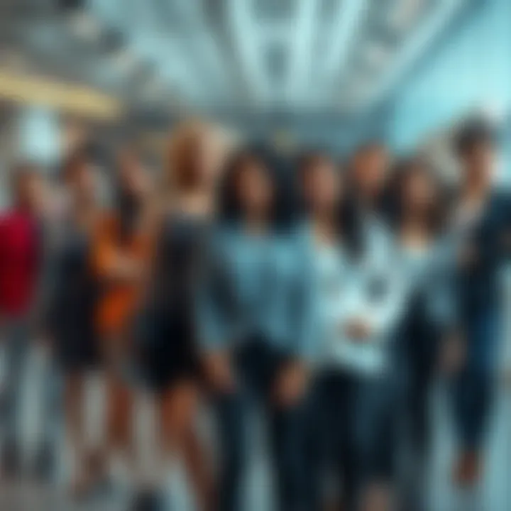 A group of diverse women leaders in the cryptocurrency industry, each showcasing their unique style and confidence, standing together in a modern office space.