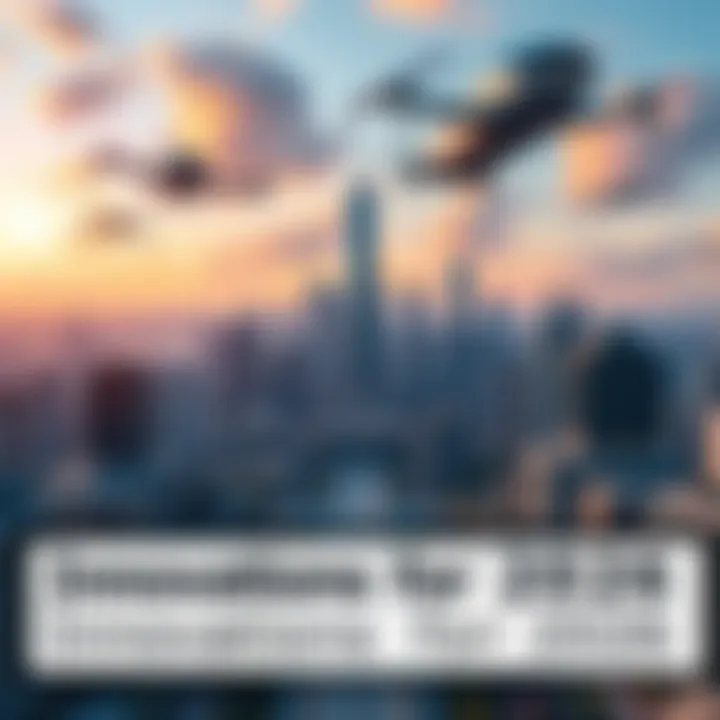 A futuristic city skyline showcasing advanced technology, with flying vehicles and green spaces.