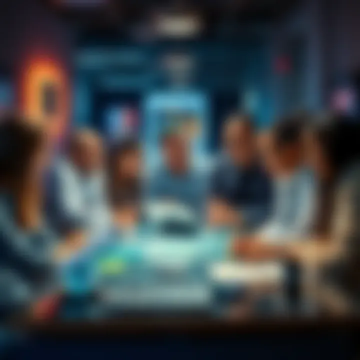 A diverse group of people collaborating around a table with technology, showcasing real-world applications of innovations in various fields.