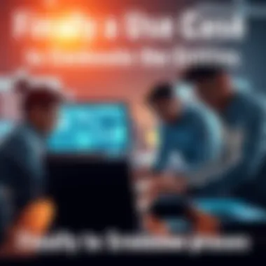 A team of people collaborating on a tech project with laptops and digital screens