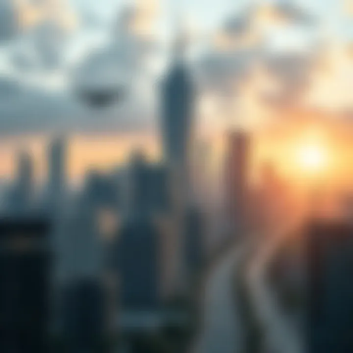 A futuristic city skyline showcasing advanced technology such as drones, smart buildings, and renewable energy sources, symbolizing innovation in 2026.