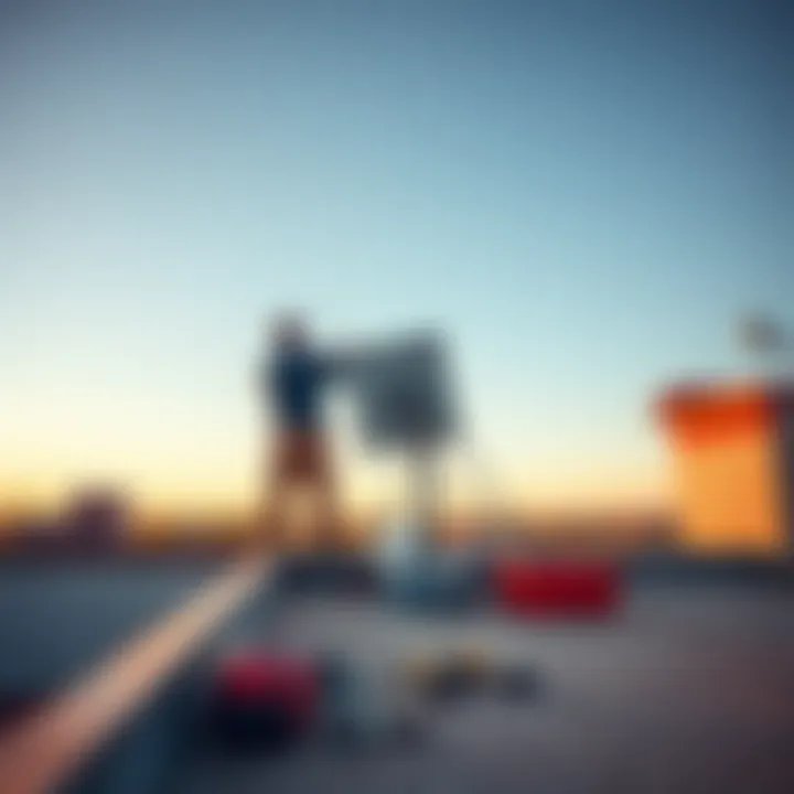A person installing a Rak 8dbi antenna on a rooftop in Texas, with tools laid out nearby, showing a clear sky.