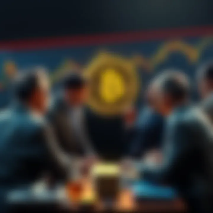 Group of institutional investors discussing Bitcoin with charts and graphs in the background