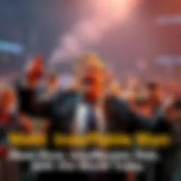 A man dramatically gesturing while making bold claims, surrounded by a crowd reacting with disbelief.