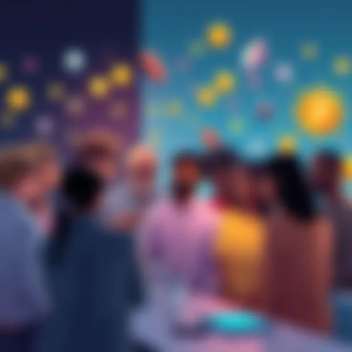 Illustration showing a diverse group of people discussing cryptocurrency with symbols of technology and community around them