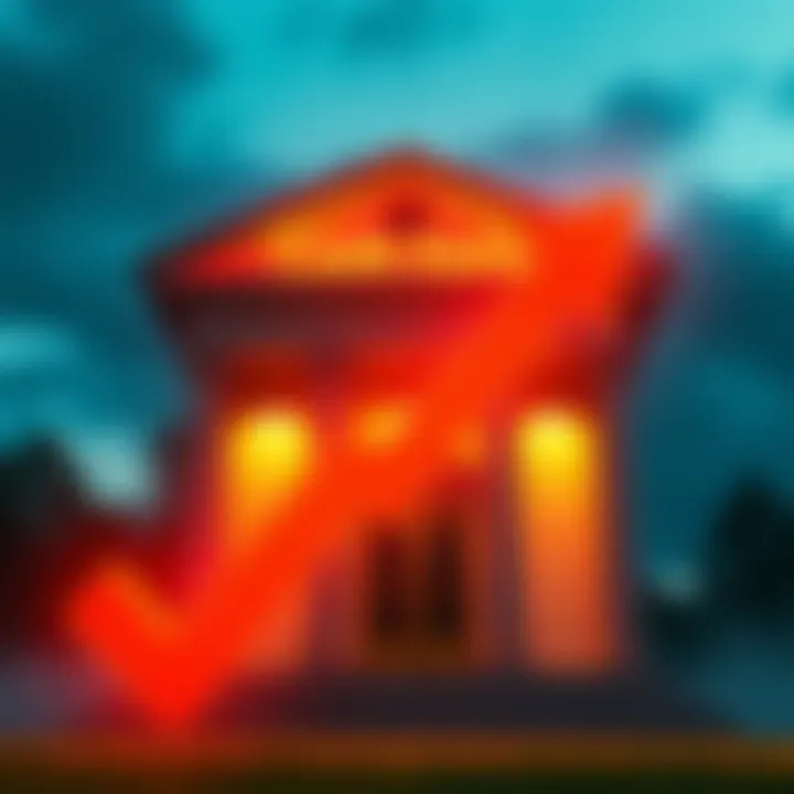 A graphic showing a downward arrow and a bank building, symbolizing the drop in interest rates for Cash Earn accounts
