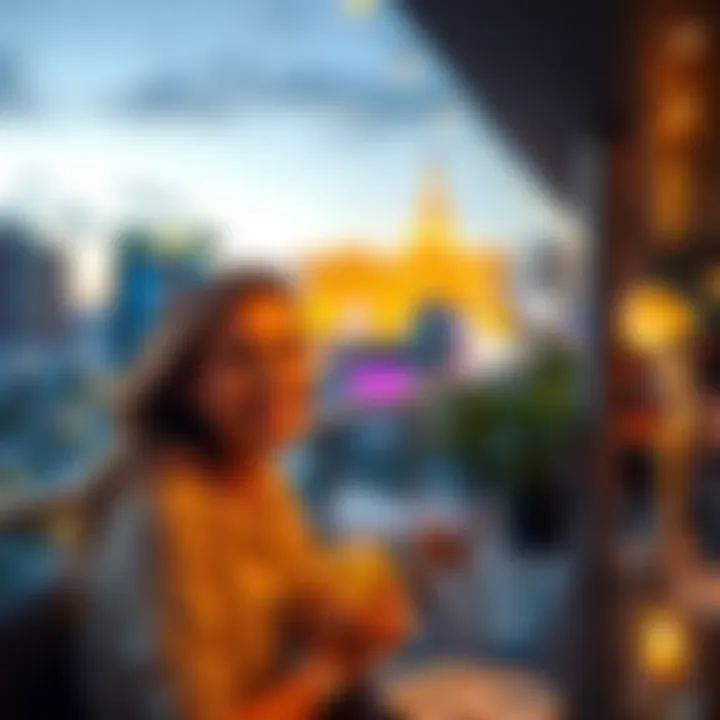Intern Enjoys Las Vegas Rooftop Dining A young intern at a rooftop restaurant in Las Vegas, smiling with a drink in hand and city lights in the background.
