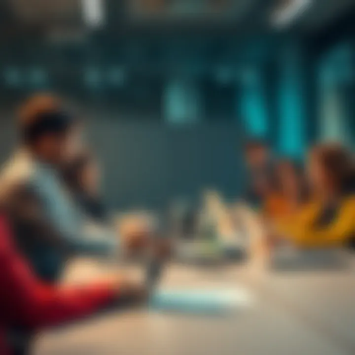 A group of diverse people discussing important topics at a conference table with laptops and documents during the Intersect Technical Steering Committee meeting.