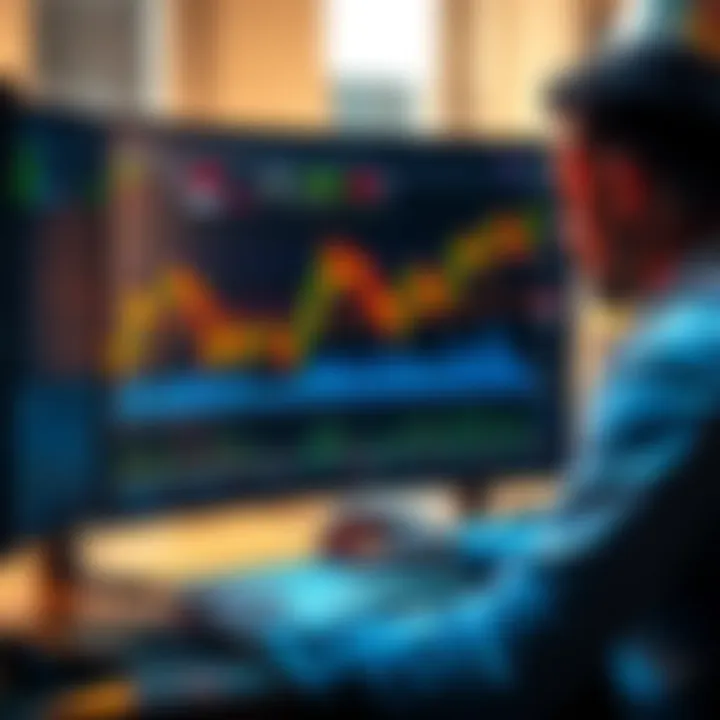 A trader analyzing Bitcoin charts on a computer screen with financial graphs and data displayed, focusing on a 5-minute timeframe.