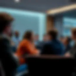 A group of diverse people discussing the findings of a major investigation in a conference room.