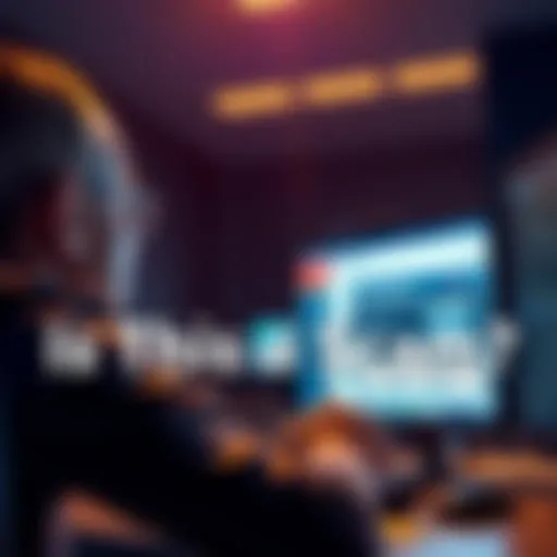 Person looking at a computer screen with question marks, showing concern about a possible scam with no payments required