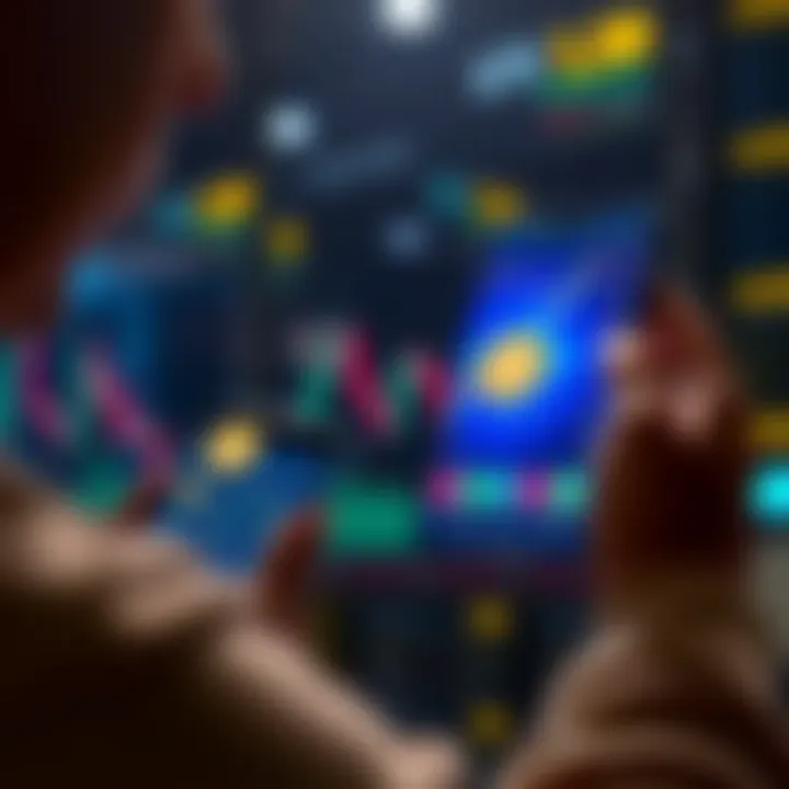 Investing in Bitcoin A person looking at a digital chart representing Bitcoin prices while holding a smartphone showing a crypto wallet, illustrating personal investment in cryptocurrency during a market dip.