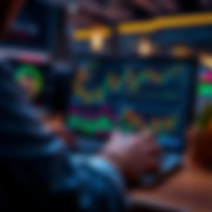 A person analyzing crypto and stock market trends on a laptop with financial charts and graphs visible on the screen