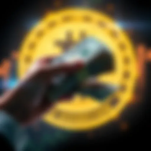 Person holding a stack of cash with a Dogecoin symbol in the background, representing a significant investment decision.