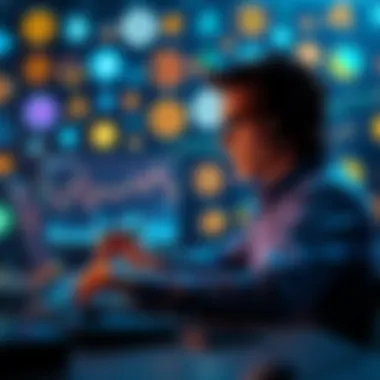 A person analyzing charts and graphs on a laptop while considering altcoin investments, with various altcoin logos displayed in the background.