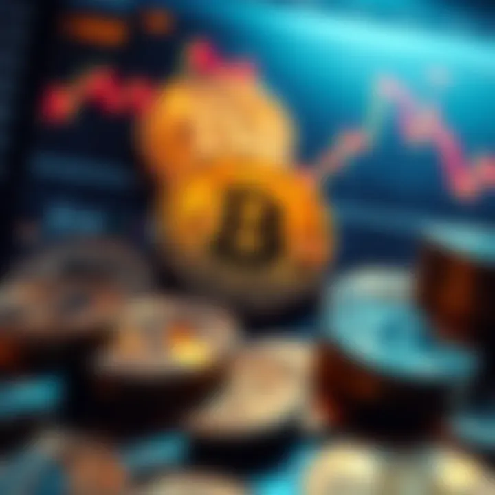 A chart showing Bitcoin price trends with a background of coins and investment symbols