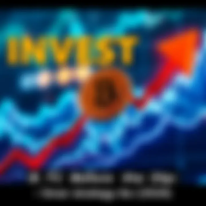 A graph showing Bitcoin price trends with an upward and downward arrow, symbolizing market volatility and investment strategies.