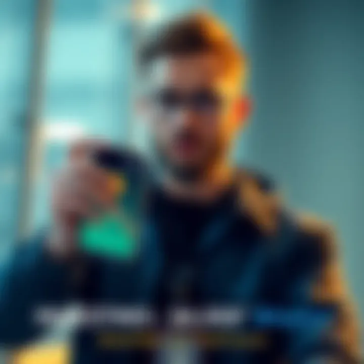 An investor holding a smartphone displaying a Bitcoin chart with a confident expression