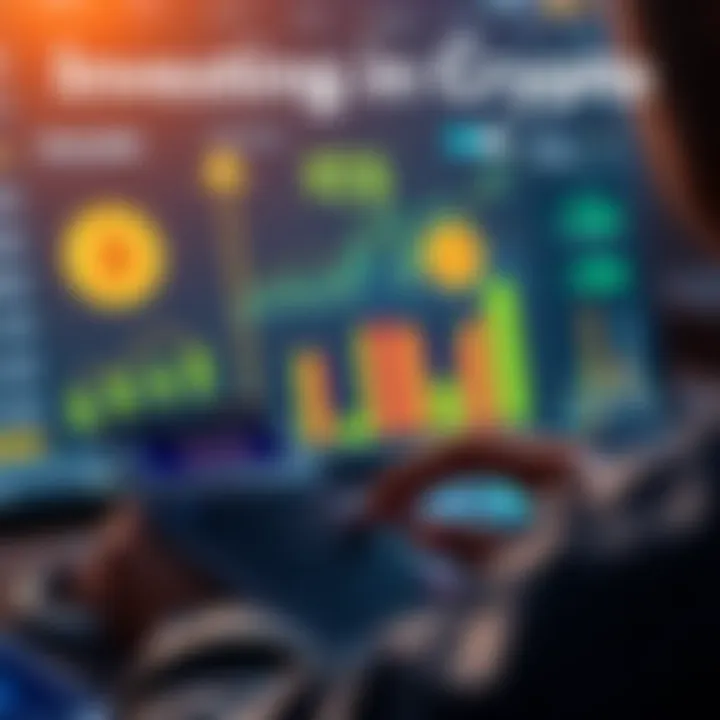 A person analyzing investment options with a calculator and cryptocurrency symbols on a screen