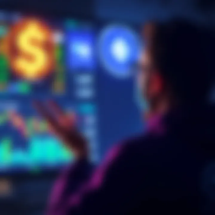 A person excitedly looking at a screen showing cryptocurrency prices with a dollar sign in hand.