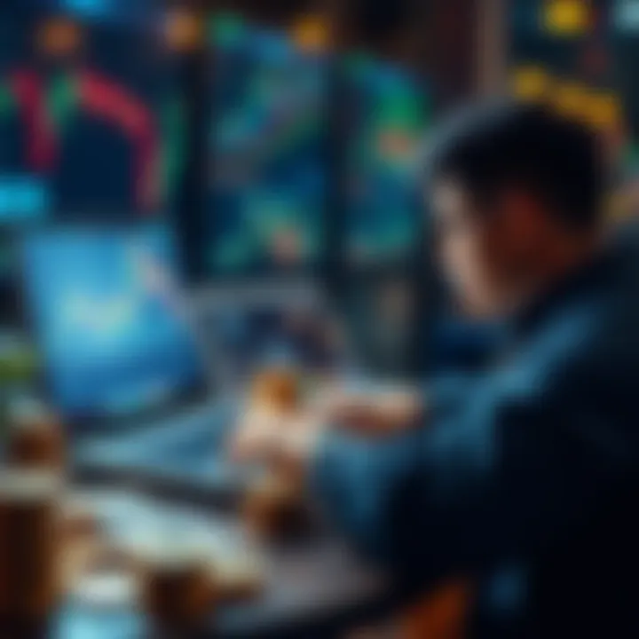 A person analyzing cryptocurrency graphs on a laptop, with stacks of coins and cash around them, symbolizing investment strategies.