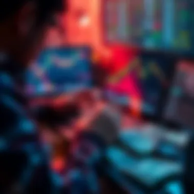 A person analyzing cryptocurrency charts on a laptop with dollar bills beside it
