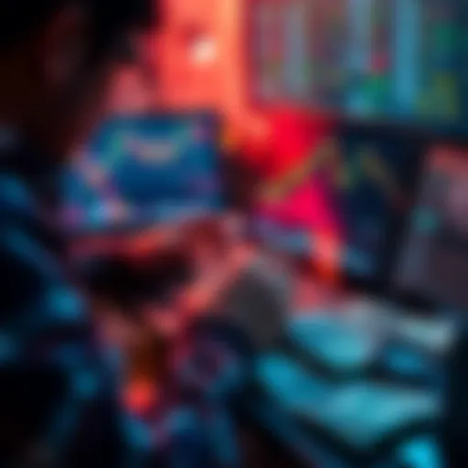 A person analyzing cryptocurrency charts on a laptop with dollar bills beside it