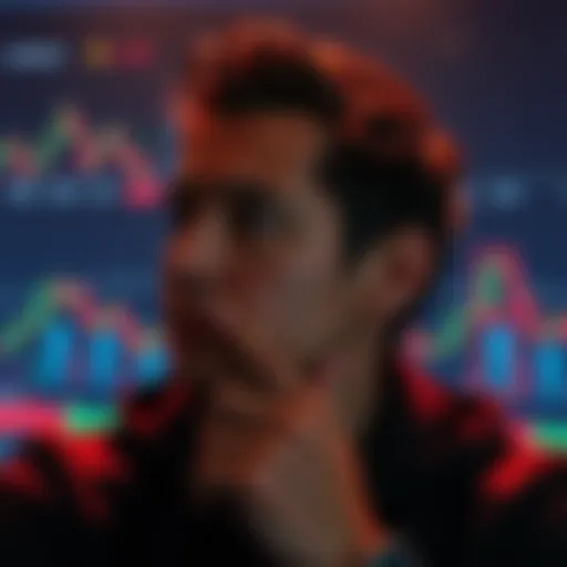 A person contemplating a $30,000 investment in Litecoin, with a thoughtful expression and charts in the background showing market trends.