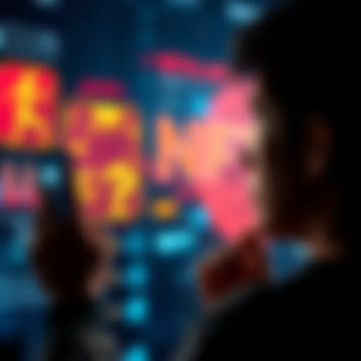 A person looking at a digital screen displaying NFT art, with a thoughtful expression, symbolizing investment opportunities.
