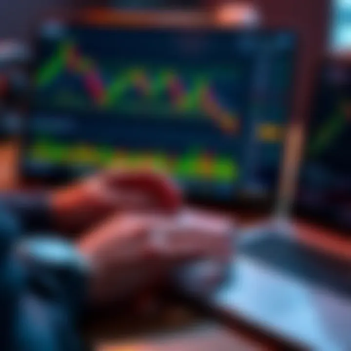 A person analyzing cryptocurrency charts with XLM and XRP wallets visible; a small notepad for daily investment plans sits next to a laptop.