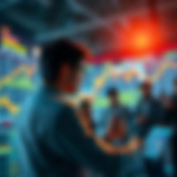 A person analyzing investment charts and discussing buying strategies with a group