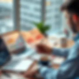 A person reviewing investment charts and plans at a desk with a laptop, notebook, and coffee