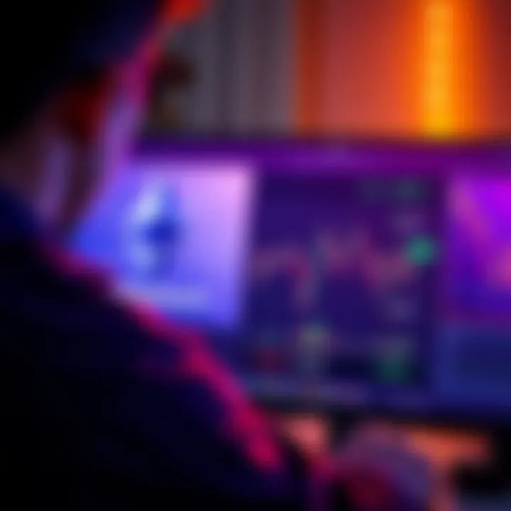 A person looking at a computer screen showing Ethereum and Solana logos with financial graphs