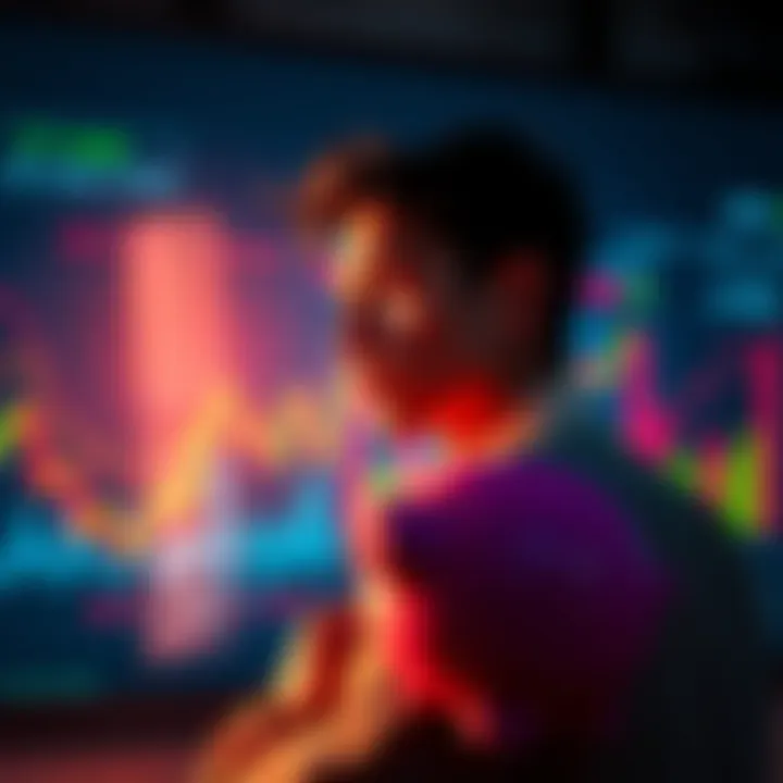 A person contemplating investment options with financial charts and a piggy bank in view