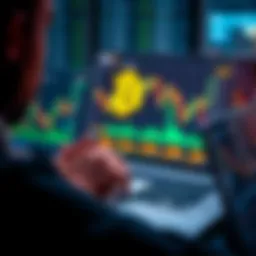 A person analyzing cryptocurrency charts on a laptop with Hbar graphics and financial data visible on the screen.