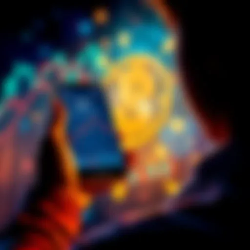 A person holding a smartphone displaying the SOL cryptocurrency chart, surrounded by financial symbols