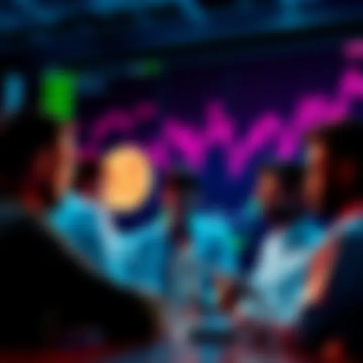 A group of people discussing altcoin investment strategies with graphs and charts in the background